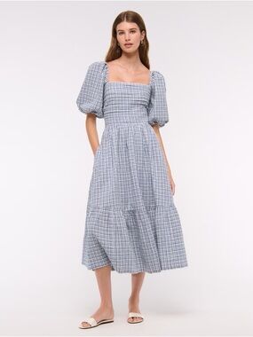 Abercrombie & Fitch Blue Gingham Puff-Sleeve Midi Dress